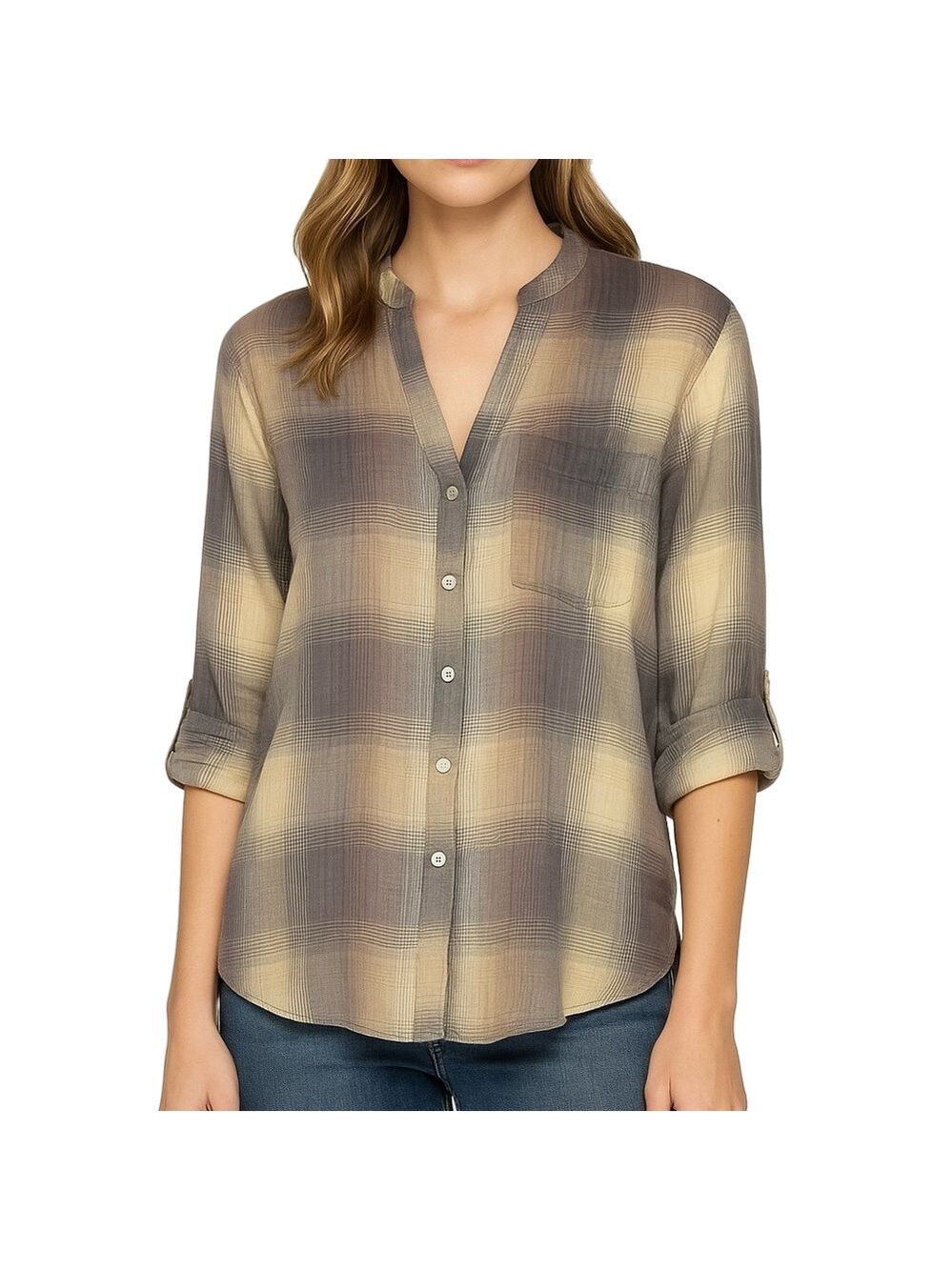 Anthropologie’s STARING AT STARS Gray & Cream Sheer Plaid Top Size S
